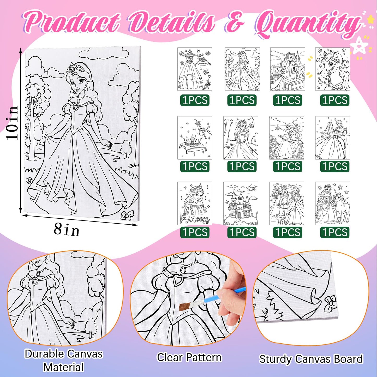 Ireer 12 Set Paint Party Set 8 x 10 Sip and Paint Kit Include 12 Printed Pre Drawn Canvas Panel, Wooden Easels, Palettes, Pots, Apron 36 Brushes for Adult Art DIY Party(Princess)