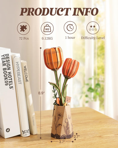 ROBOTIME 3D Puzzle Orange Tulip TW081, DIY Wooden Flower Craft, Artificial Flowers Model Kit to Assemble for Adults, Home Decoration and Valentine's Day Gift Set
