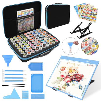 Mlife Diamond Painting Storage Boxes,1 Diamond Painting A4 Light Box Tracing Light Board with 3 Brightness, 80 Slots Bead Storage with 5D Diamond Art Accessories and Tools Kit（Blue）