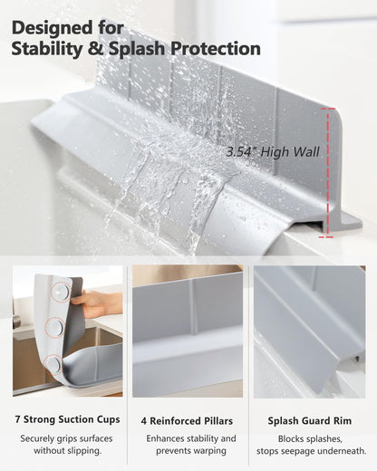 Akrelyan Kitchen Sink Splash Guard 18" 23" Self-Draining Silicone Water Guard with High Splash Wall & Strong Suction Cups for Faucet, Countertop & Sink Edge, Keeps Sinks Dry, Dishwasher Safe, Gray