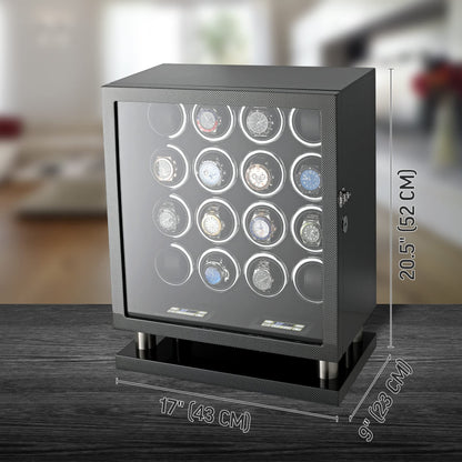 16 Watch Winder for Automatic Watches with LED Light and Coordinated Rotor Stop (Carbon)