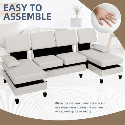 U-Shaped Sectional Couches for Living Room, 4 Seat Sofa with Double Chaise Lounges,Solid Wood Frame Sectional Sofa for Apartment,White