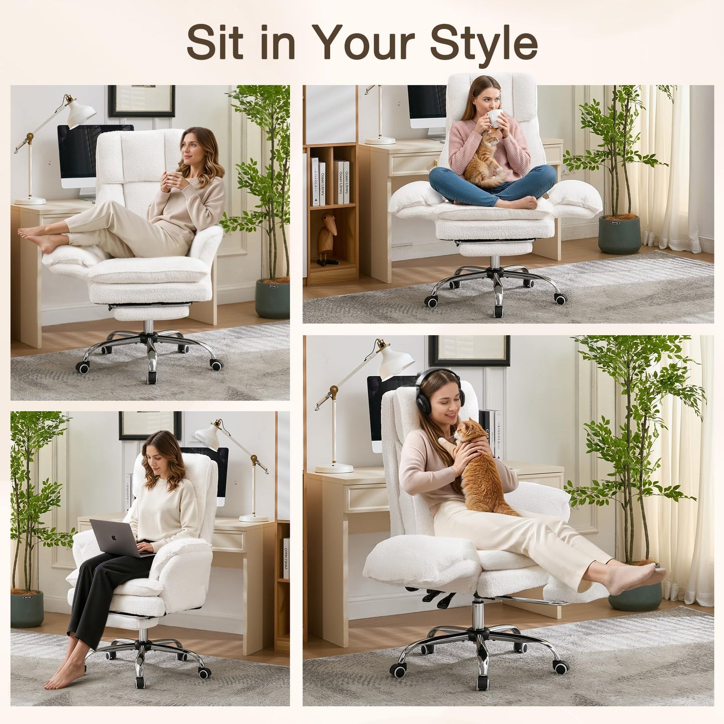 Ergonomic Cloud Cross Legged Office Chair with Footrest,Teddy Fleece Big and Tall Executive Chair with Wheels,Reversible Armrest,155° Reclining Computer Wide Desk Chair for Home,Office (White)