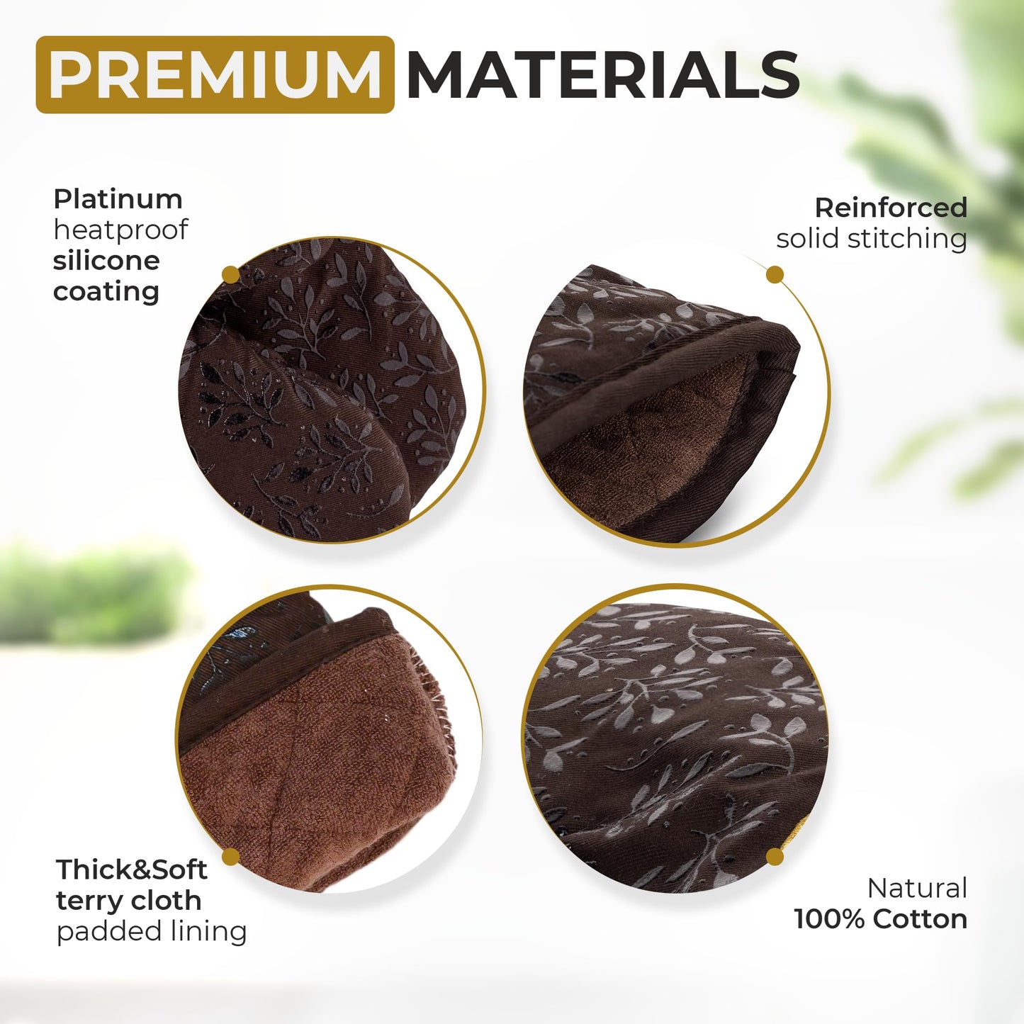 Premium Heat-Resistant Oven Mitts - Stylish and Beautiful - Non-Slip Platinum Silicone Grip - Long and Thick - 100% Natural Cotton Exterior and Soft Terry Cloth Lining - Cook'n'Chic Set of 2 - Brown