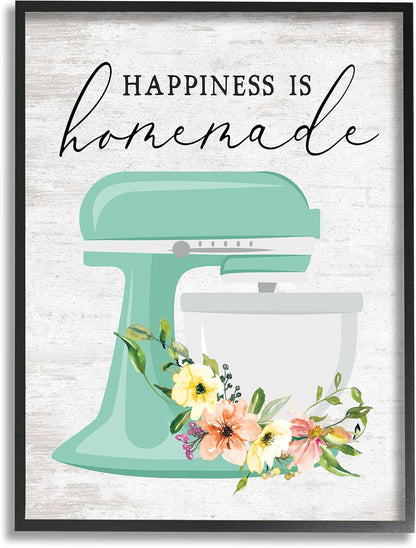 Stupell Industries Happiness is Homemade Phrase Floral Kitchen Stand Mixer Wall Art, 11 x 14, Multi-Color, Black Framed