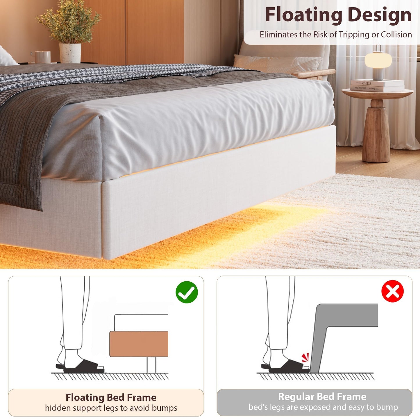 Garvee King Size Floating Bed Frame with LED Lights and Storage Headboard, King Upholstered Metal Platform Bed with Charging Station, Linen Fabric, No Box Spring Needed, Easy Assembly, White