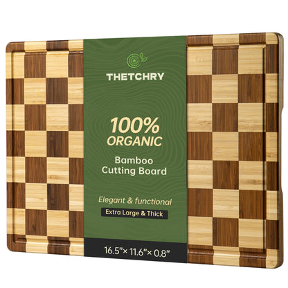 THETCHRY Checkered Bamboo Cutting Board, Thick End-Grain Wood Cutting Boards for the Kitchen, Chopping Boards with Juice Groove, Non-Slip, Durable & Crack-Resistant, Perfect Gifts 16.5” x 11.6” x 0.8”