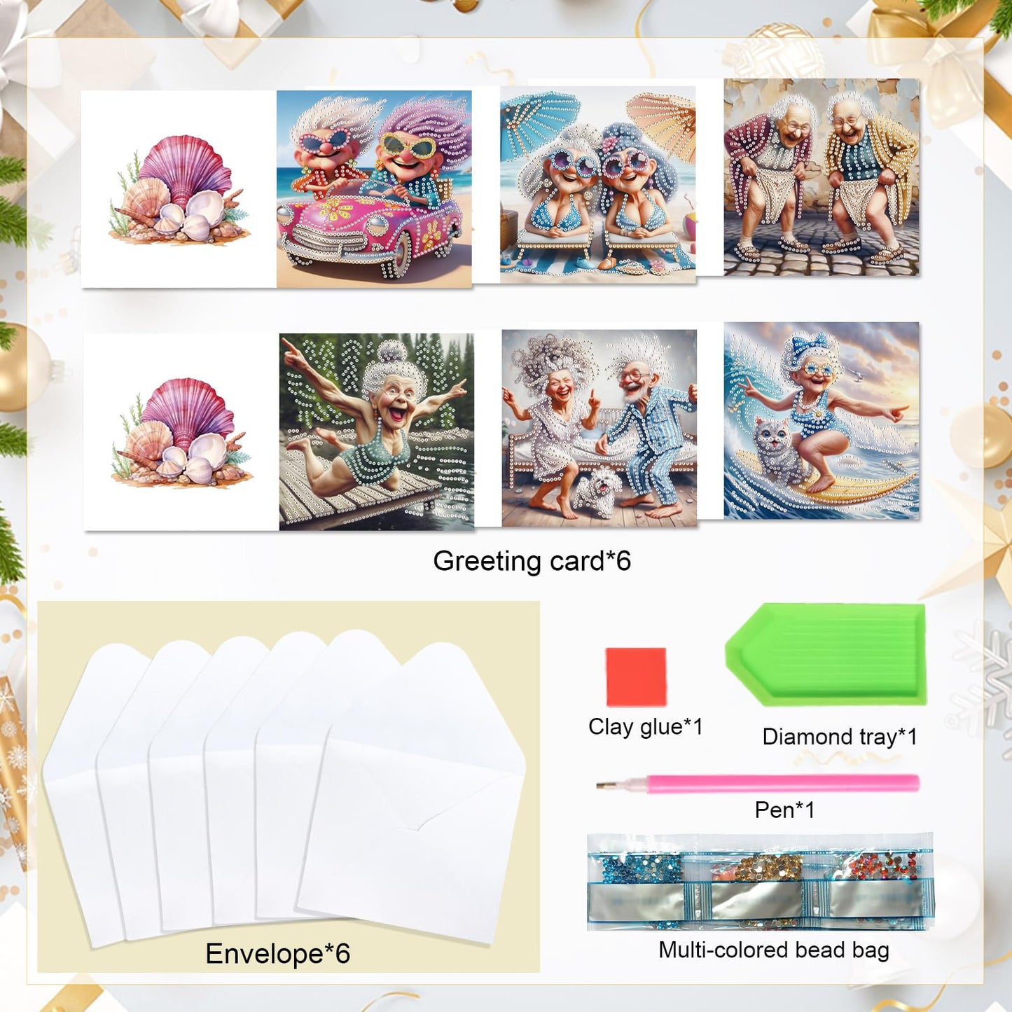 MVVMTOP 6pcs Diamond Painting Greeting Cards for Blessings and Wishes, Grandma DIY Special Shape Crystal Diamond Art Partial, Surface flash Paper Material, DIY Gifts for Christmas Thanksgiving Day