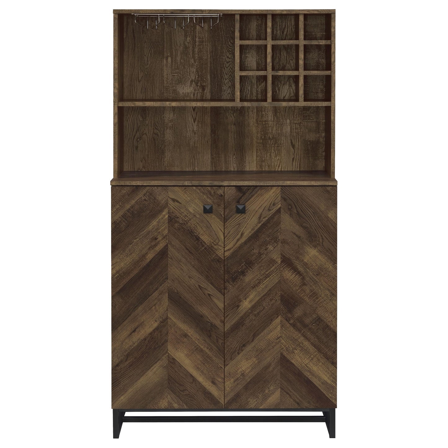 Coaster Home Furnishings - Mendoza - Wood & Metal 2-Door Home Bar Cabinet - Wine Storage with Herringbone Pattern & Stemware Rack - Farmhouse - Dining Room & Home Bar - Rustic Oak - 182082