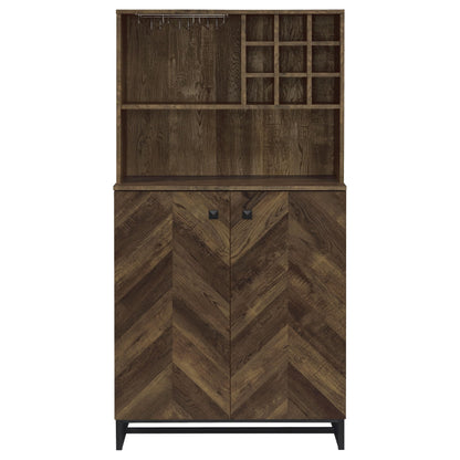 Coaster Home Furnishings - Mendoza - Wood & Metal 2-Door Home Bar Cabinet - Wine Storage with Herringbone Pattern & Stemware Rack - Farmhouse - Dining Room & Home Bar - Rustic Oak - 182082