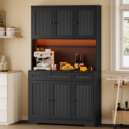 BORNOON Pantry Cabinet with Charging Station and Light, Tall Kitchen Pantry Storage Cabinet with Microwave Stand, Wide Fluted Kitchen Hutch with Storage Drawers and Adjustable Shelves for Dining Room