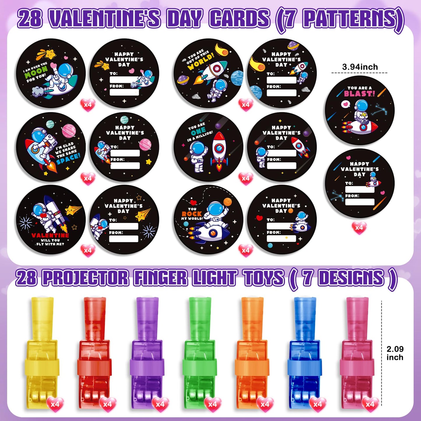 SpringFlower Valentines Day Gifts for Kids, 28 Pack Valentines Day Cards for Kids School with LED Finger Lights Toys, Valentines Day Gards for Classroom Exchange, Party Favors Prizes for Kids