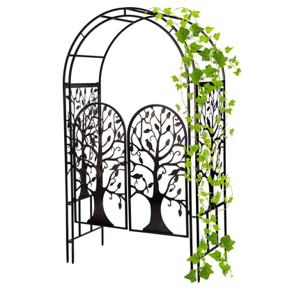 Plow & Hearth Arch Metal Outdoor Garden Arbor, 84 inches Tall, Iron Trellis Lattice for Climbing Plants, Wedding Arch, Outdoor Patio Décor (Tree of Life with Gate)