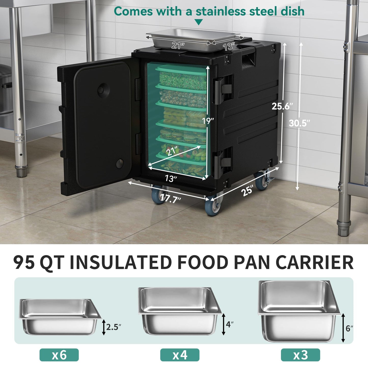YITAHOME Insulated Food Pan Carrier, 95 Qt LLDPE Hot Box for Catering w/Stainless Steel Pan, Catering Food Warmer with Swivel Casters for 6 Full-Size Pans, Stackable Design for Restaurant Gathering