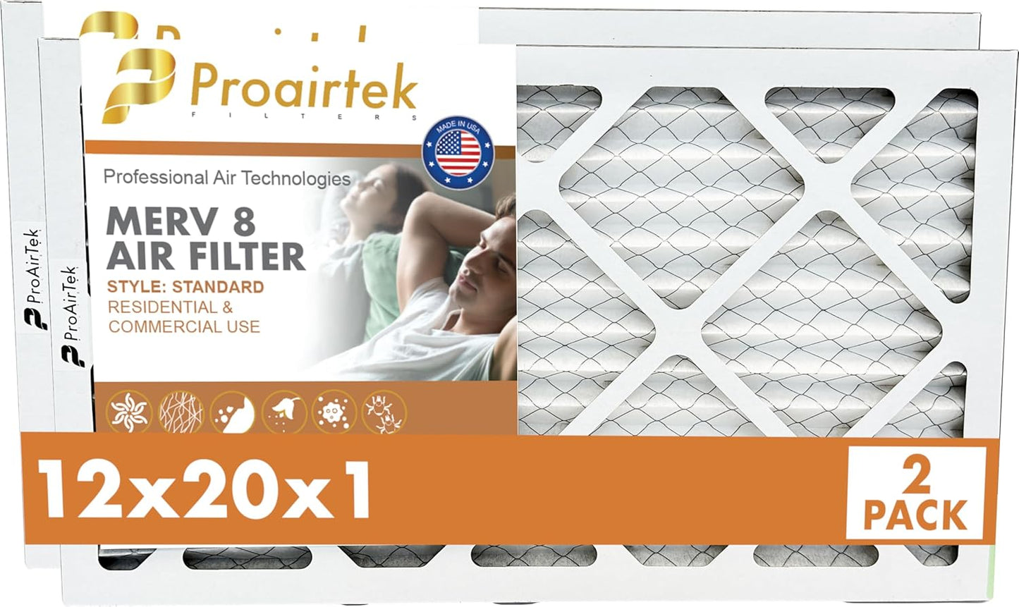Proairtek AF12201M08SWH Model 12x20x1 Pack of 2 Air Filters, MERV 8 for Clean Air in Home
