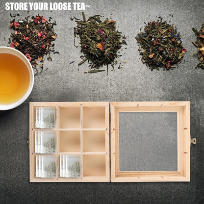 Ciieeo Wood Tea Storage Organizer with Clear Acrylic Top, 9 Compartments for Tea Bag Storage