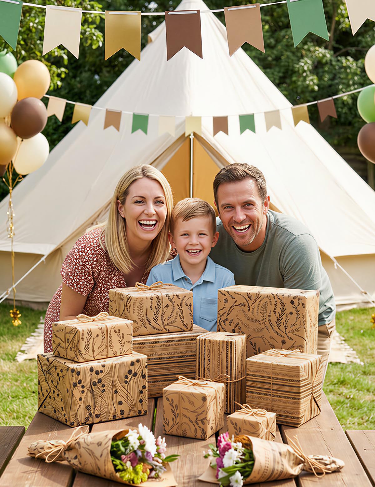 Kraft Floral Wrapping Paper- 3 Mini Rolls, 17 Inch x 9.8 Feet Each- 80gsm Gift Wrapping Paper with 33Ft Wrapping Twine, Grid Lines on Reverse- Perfect for Birthday Mother’s Day Wedding Christian Gifts
