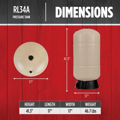 Red Lion RL34A 34-Gallon Vertical Pre-Charged Pressure Tank with Thermoplastic Base for Well Pumps, 1-Inch FNPT System Connection, Almond, 604683