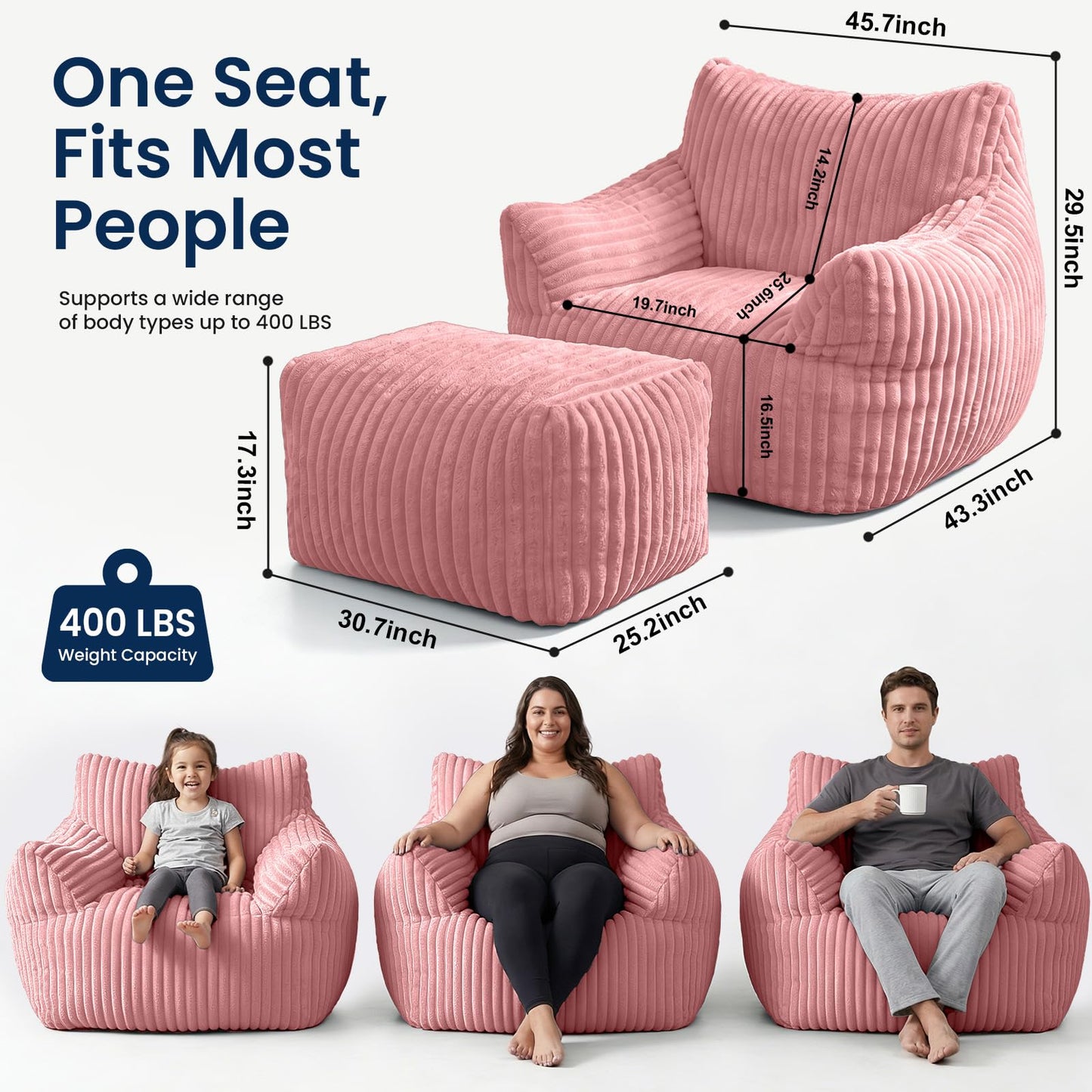 Giant Bean Bag Chair with Footstool for Adults, Fluffy Boneless Lounge Sofa Chair, Superior Large Reading Floor Sofa Bed, Oversized Accent Comfy Couch for Living Room, Bedroom (Pink, with Ottoman)