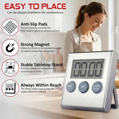 Digital Kitchen Timer for Cooking, Magnetic Countdown Timer with Loud 80dB Alarm, Large Display, Adjustable Stand, Auto Memory, Stop Watch for Classroom, Study, Kids - Silver