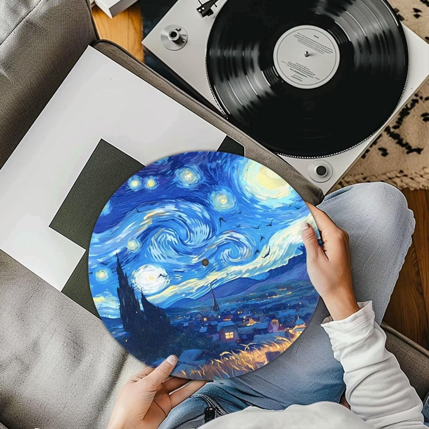 Qehuruxo Oil Painting Turntable Platter Mat Rubber Slipmat Record Player mat 12-inch Turntable Rubber Mat Silicone Design for Universal to All LP Vinyl Record Players (Black)