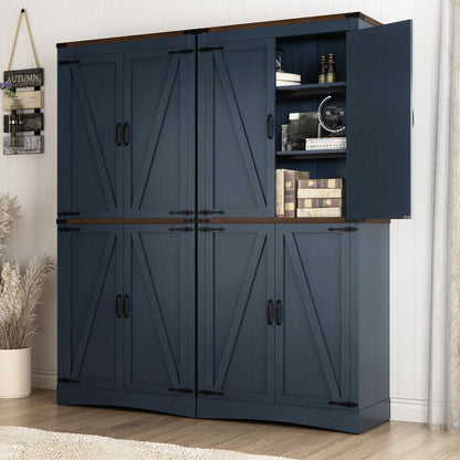 Hlivelood 71" Tall Kitchen Pantry,Farmhouse Storage Cabinet with Adjustable Shelves,Load-Bearing Steel Pipe,Farmhouse Pantry Cabinet with 4 Barn Doors,for Kitchen,Dining Room,Living Room(Blue)