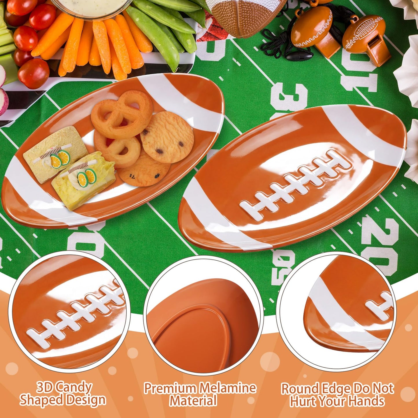 Teenyyou 6 Pcs Football Serving Tray Melamine Football Plates Reusable Party Serving Dishes for Snacks Cookies Dessert Dishwasher Safe