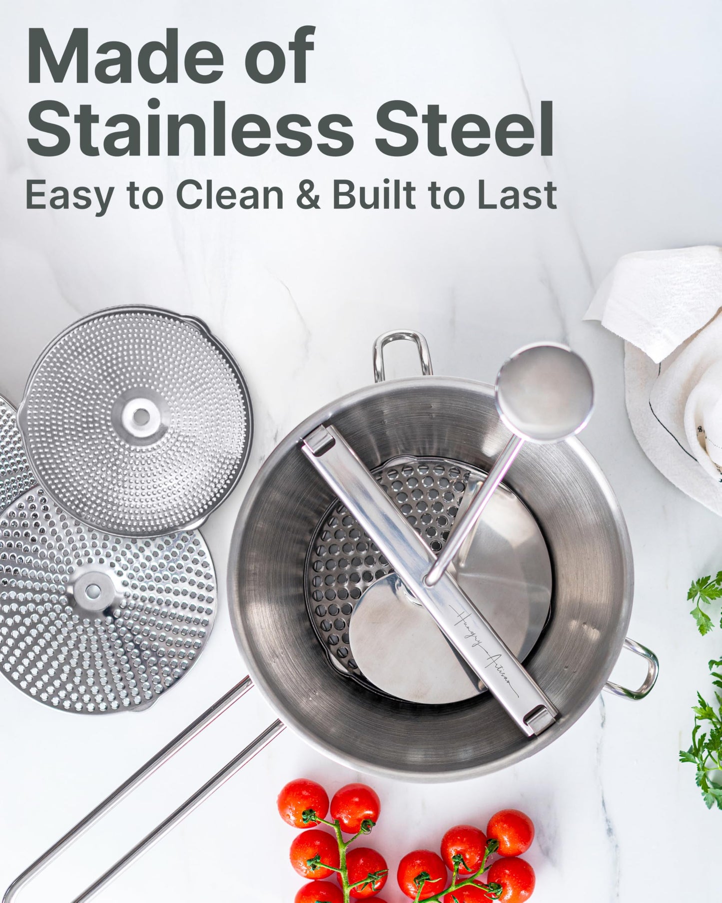 Premium 4-Disc Stainless Steel Food Mill – Ergonomic Rotary Hand Crank for Tomato Sauce, Canning, Applesauce, Baby Food, Mashed Potatoes, Puree & Jams