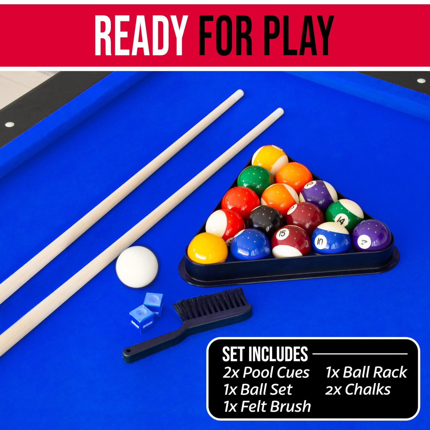 GoSports Full Size 8 ft x 4.2 ft Billiards Game Table - Foldable Design, Includes Full Set of Pool Balls, 2 Cue Sticks, Chalk, and Felt Brush - Blue