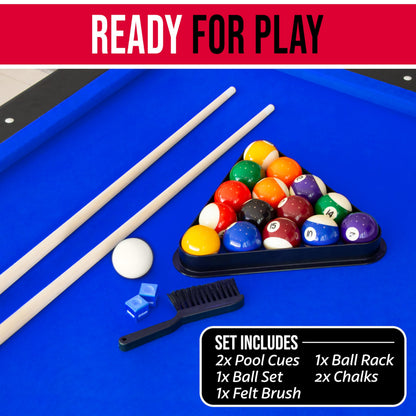 GoSports Full Size 8 ft x 4.2 ft Billiards Game Table - Foldable Design, Includes Full Set of Pool Balls, 2 Cue Sticks, Chalk, and Felt Brush - Blue