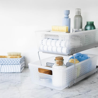 Madesmart 2-Tier Bath Organizer - Adjustable Undersink Storage with Sliding Drawers & Baskets | Frost Finish