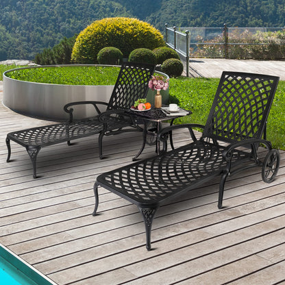 VINGLI Cast Aluminum Outdoor Chaise Lounge Chair with Wheels, Patio Chaise Lounges with 3-Position Adjustable Backrest, Pool Lounge Chair Reclining Chairs for Poolside Tanning (1, Black)