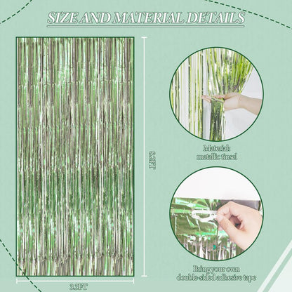 DECOCKRAT 3 Pack Foil Fringe Backdrop - Light Green Shiny Tinsel Curtains for Party Decoration/Photo Booth Props - 3.3x8.2 FT Metallic Foil Backdrop for Birthday, Wedding, Graduation, Christmas