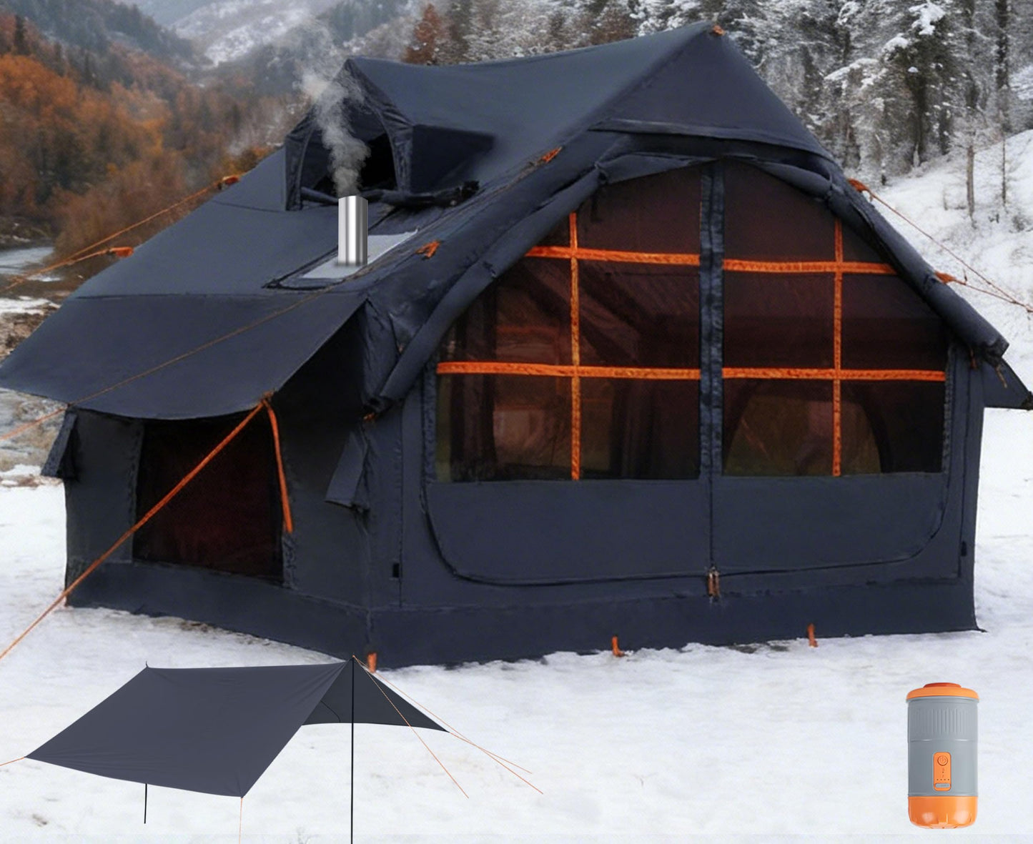 Inflatable Tents for Camping with Stove Jack, Electric Pump Blow Up Tent with Large Removable Tarps,Easy Setup Air Tent House, Waterproof Inflatable Hot Tent for Camping