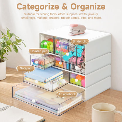 AZ. MIFENO Desk Organizer with 9 Drawers, 4 Tiers Stackable Storage Drawers, Desktop Storage Box with Clear Drawers for Stationery, Makeup, Jewelry, Office and Craft Supplies (White)