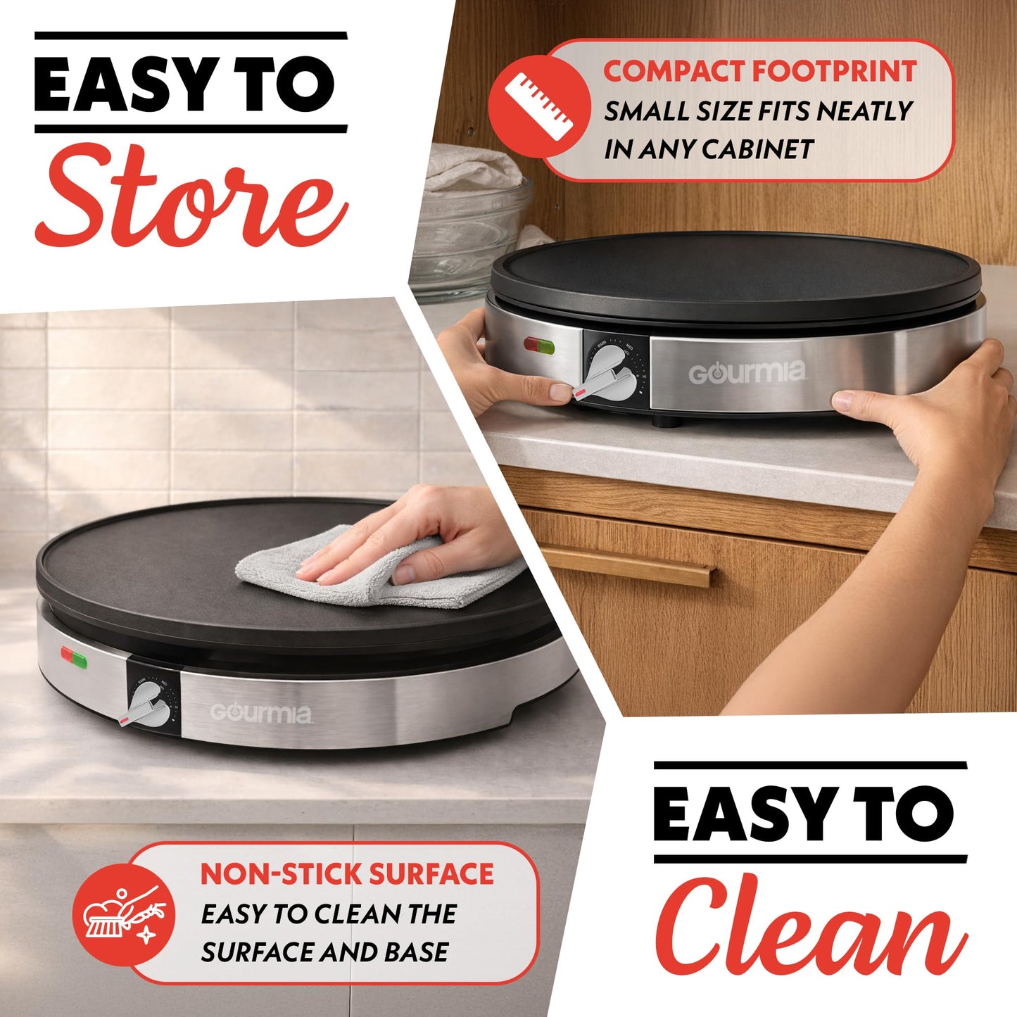 Gourmia 12” Crepe Maker – Nonstick Electric Griddle for Pancakes, Omelets & More, Precise Temp Control with Indicator Lights, Includes Spatula & Batter Spreader, Quick Cleanup, Stainless Steel Trim