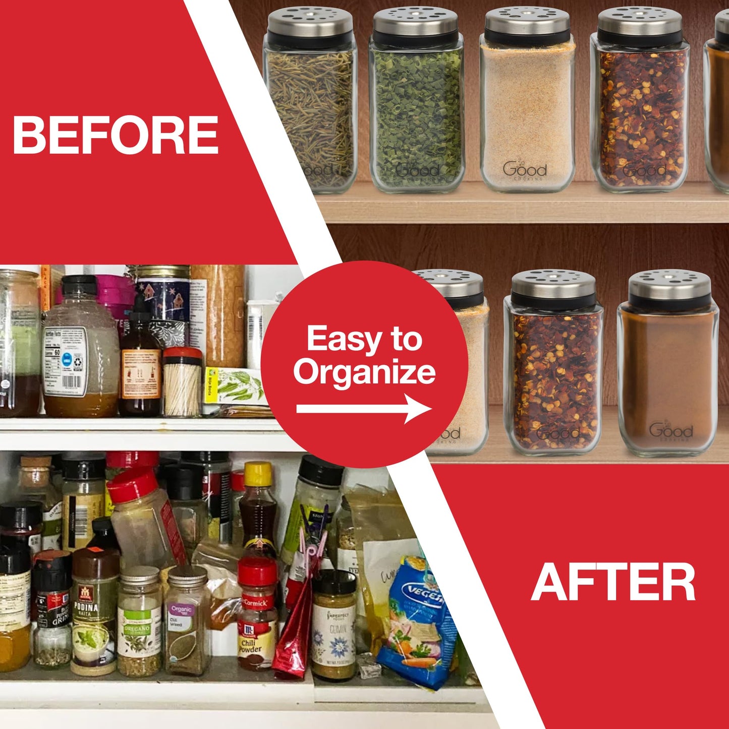 Adjustable Glass Spice Jars (Set of 6) with 6 Pouring Sizes- Stainless Steel Lid/Cap- Square Seasoning Bottle Containers for Minimalist Kitchen Pantry Storage Organization- Fill Shaker w Salt Pepper