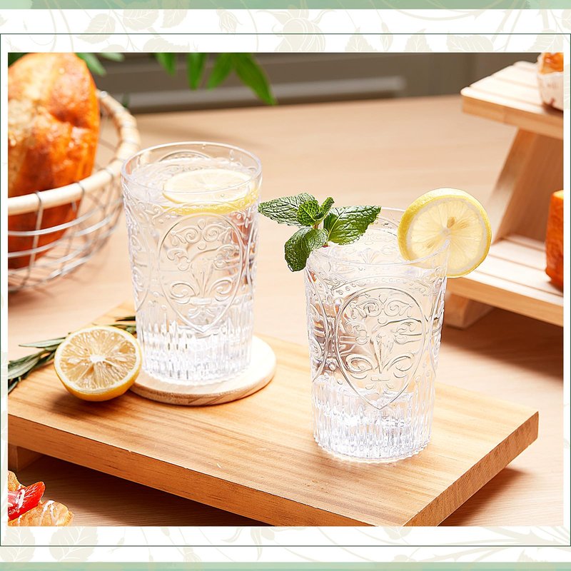 Acellegic Plastic Vintage Drinking Glasses - 16 oz Stemless Ribbed Highball Glasses Bulk Embossed Reusable Cups for Water Beer Cocktails Juice Wedding Bridal Shower Birthday Event Party(Clear,24 Pcs)