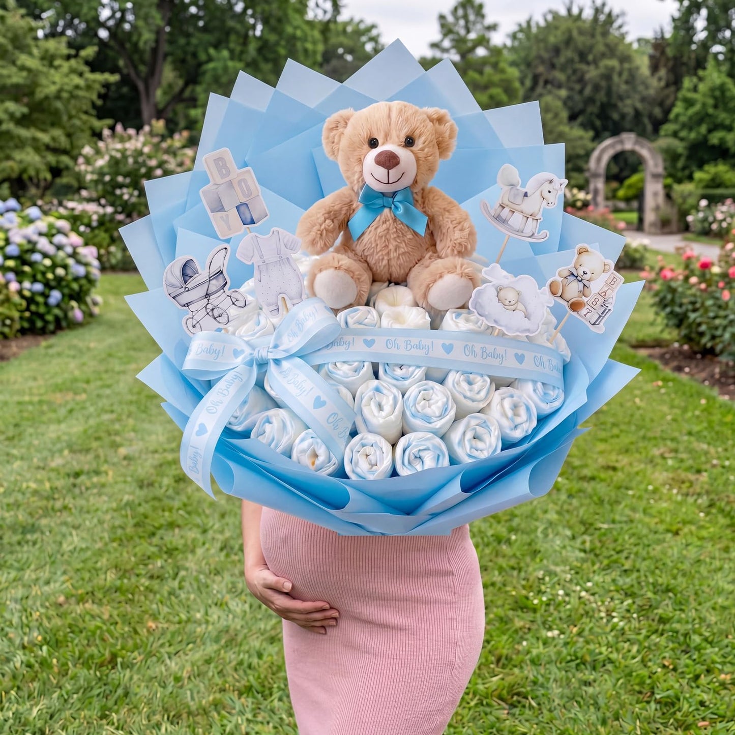 Pinkunn 66pcs Teddy Bear Bouquet DIY Kit Accessory New Mom Gift Newborn Gender Reveal Baby Shower Supplies Flower Making Essentials Decorations with Teddy Bear Light Blue Ribbon Wrapping Paper Cards