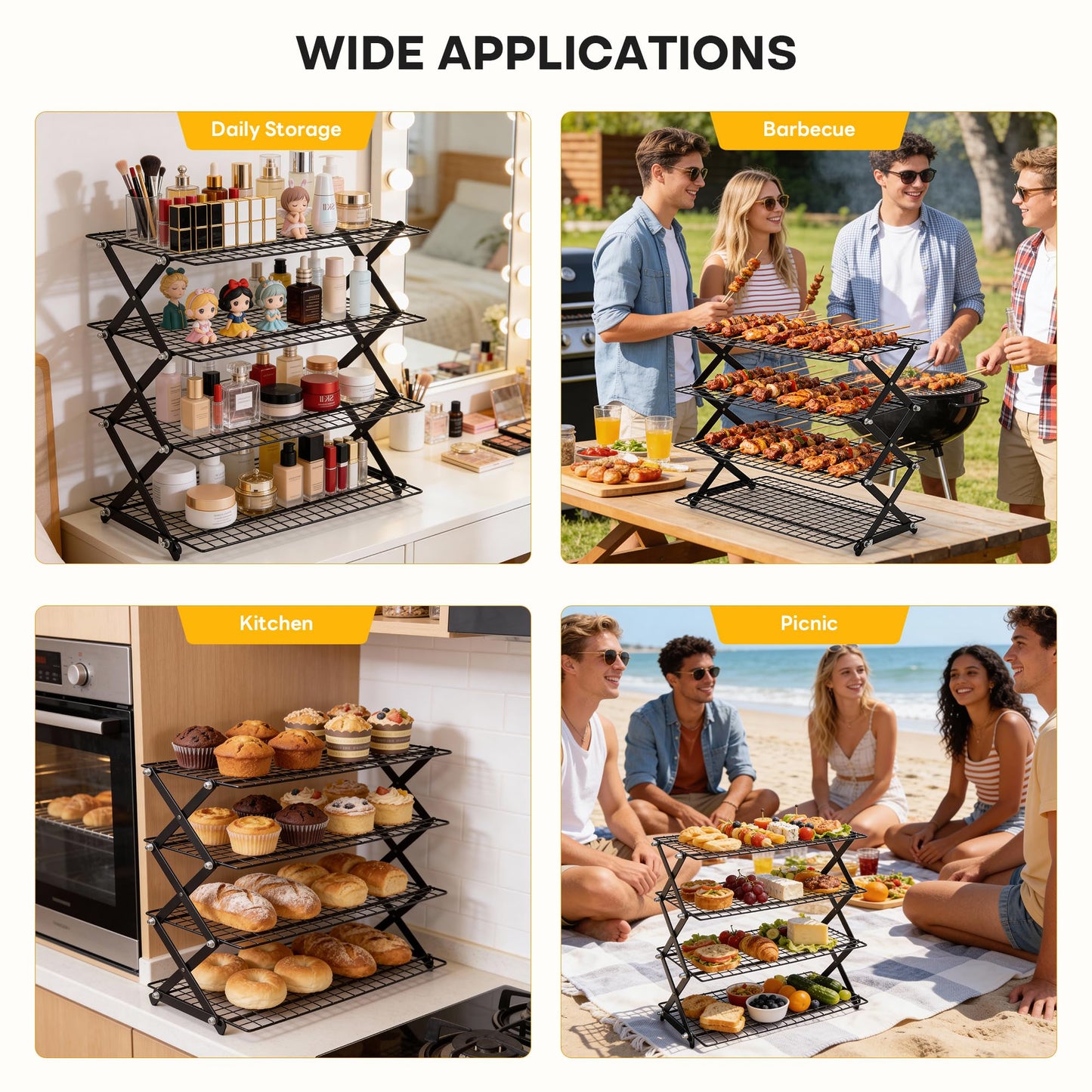 Aguegro 4-Tier Collapsible Cooling Rack, High-Quality Stainless Steel Adjustable Stackable Wire Cookie Cooling Rack for Baking, Cookies, Cake, Roasting, Grilling, Drying