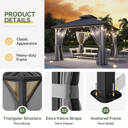 Aoxun 12'x12' Hardtop Gazebo, Metal Frame Canopy with Double Galvanized Steel Roof, Outdoor Metal Pavilion with Netting, Curtains for Backyard, Patio and Deck