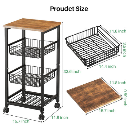 SNTD Fruit Basket Vegetable Stand for Kitchen Pantry, Pull Out Metal Wire Basket with Wood Top for Fruit Vegetable Onions Potatoes Snacks