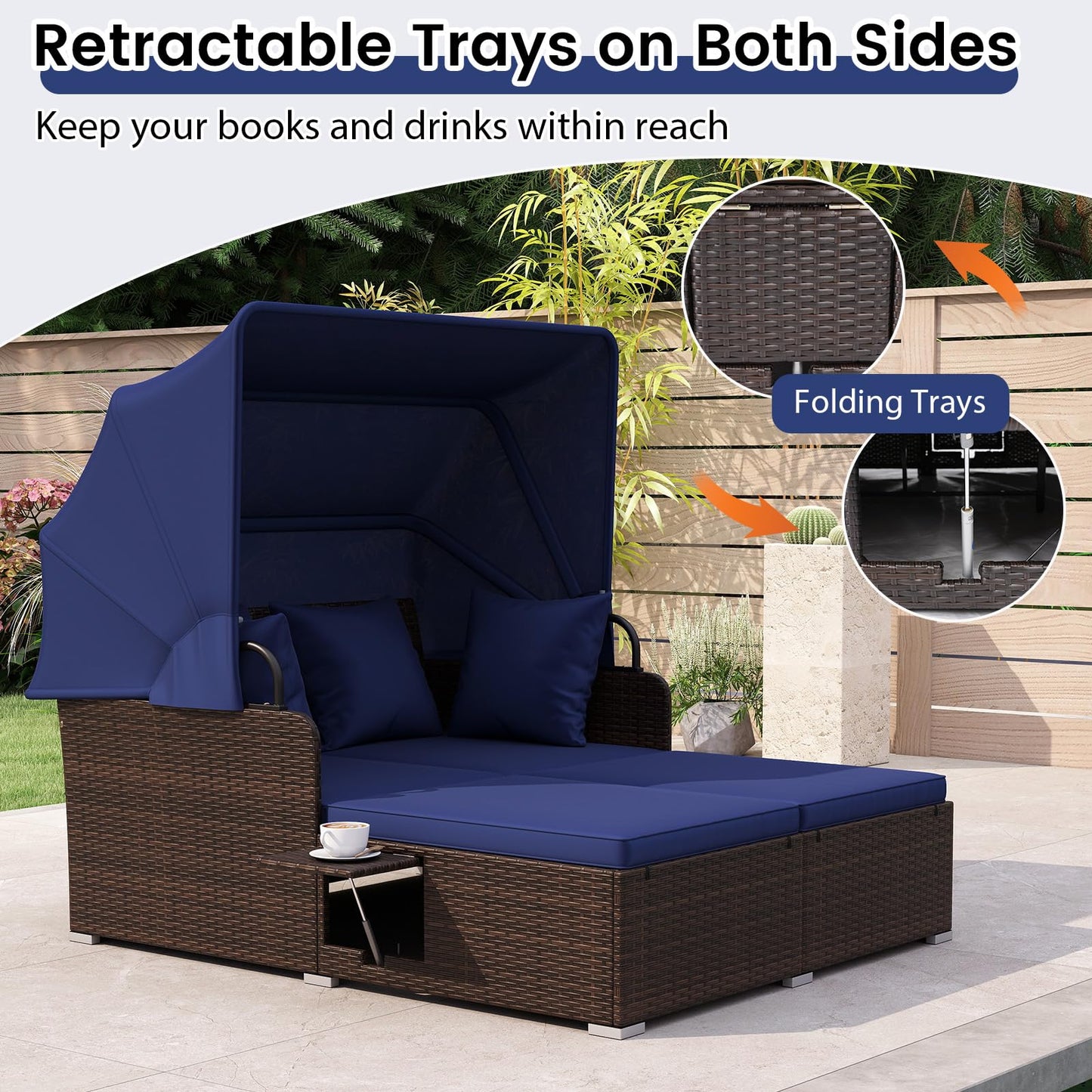RELAX4LIFE Patio Outdoor Daybed with Canopy, Wicker Rattan Sunbed w/Cushions, 4 Pillows & 2 Retractable Side Trays, 2-Person Lounge Bed Conversation for Poolside Porch Garden (Mix Brown-Navy)
