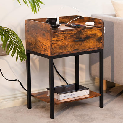 Lerliuo Nightstand with Charging Station, 3-Tier End Table with Storage Drawer, Modern Bedside Night Stand, Retro Brown