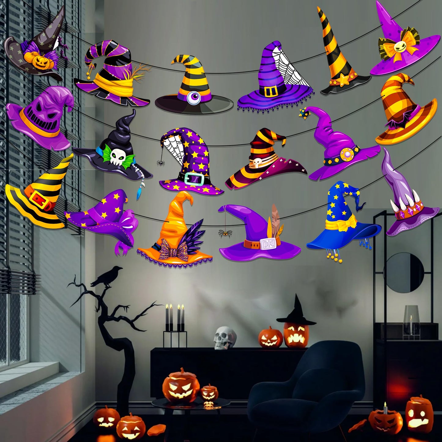 Halloween Witch Hat Banners Halloween Theme Party Supplies 3PCS Witch Hat Hanging Banner Spooky Wizard Decorations for Fantasy Scary Birthday Baby Shower Decor