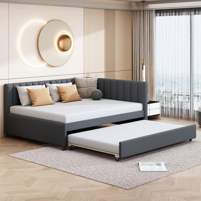 Merax Upholstered Daybed with Trundle, Gray Linen Full Size Sofa Bed Frame, No Box Spring Needed