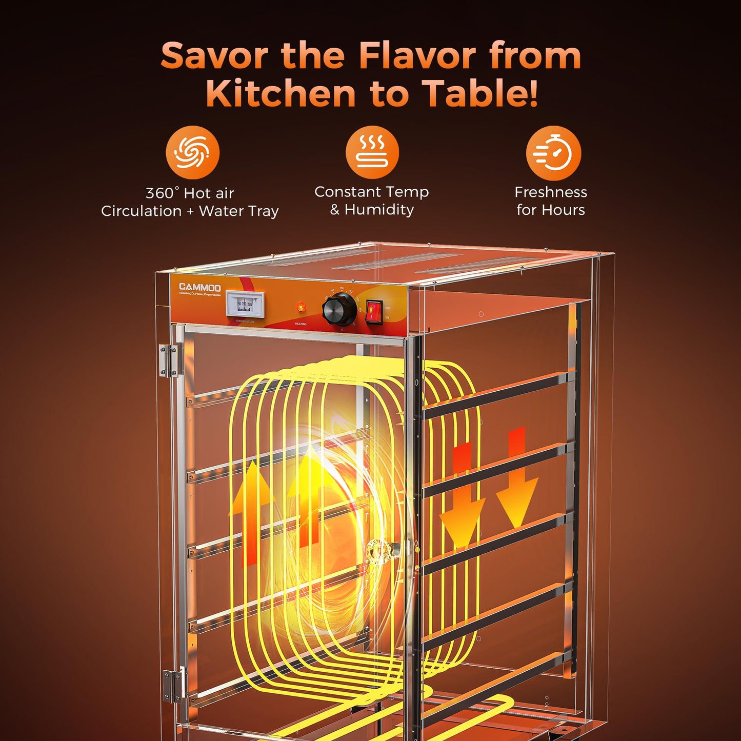 CAMMOO 133Qt 5-Tier 900W Commercial Food Warmer w/ 304 Blued Stainless Steel Heating Element, Single-Tempered Glass Door, Adjustable Shelf, Electric Catering Hot Box Countertop Heated Holding Cabinet