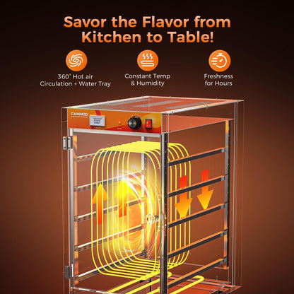 CAMMOO 133Qt 5-Tier 900W Commercial Food Warmer w/ 304 Blued Stainless Steel Heating Element, Single-Tempered Glass Door, Adjustable Shelf, Electric Catering Hot Box Countertop Heated Holding Cabinet