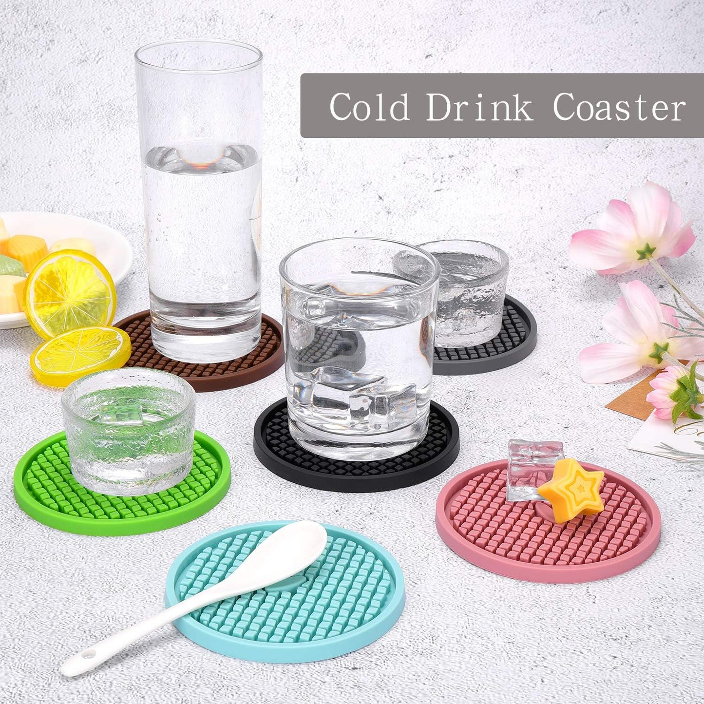 ME.FAN Thickened Silicone Coasters [6 Pack] with Holder - Non-Slip Cup Mat, Prevents Furniture Damage (Peppermint Green)