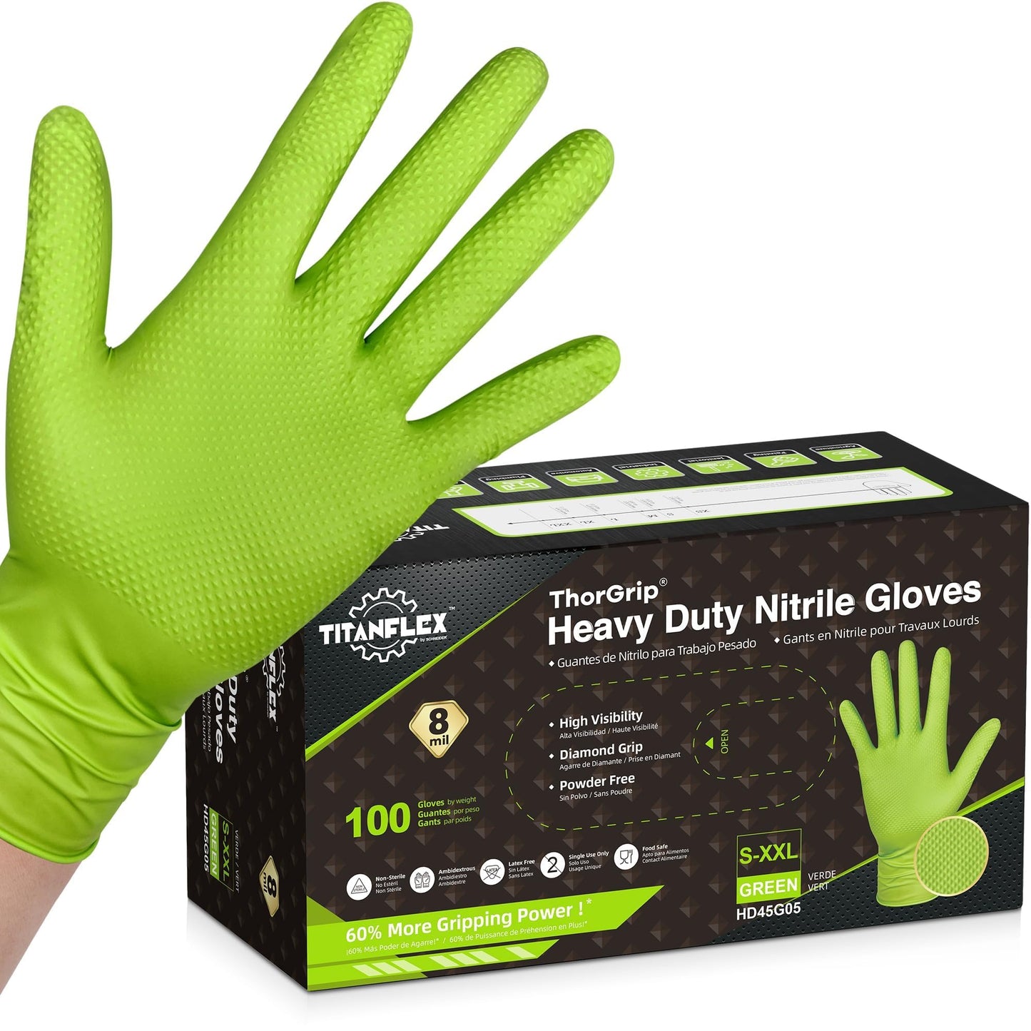 TitanFlex Heavy Duty Green Industrial Nitrile Gloves, 8-mil, Large, Box of 100, Latex Free, Raised Diamond Texture Grip, Powder Free, Food Safe, Rubber Gloves, Mechanic Gloves